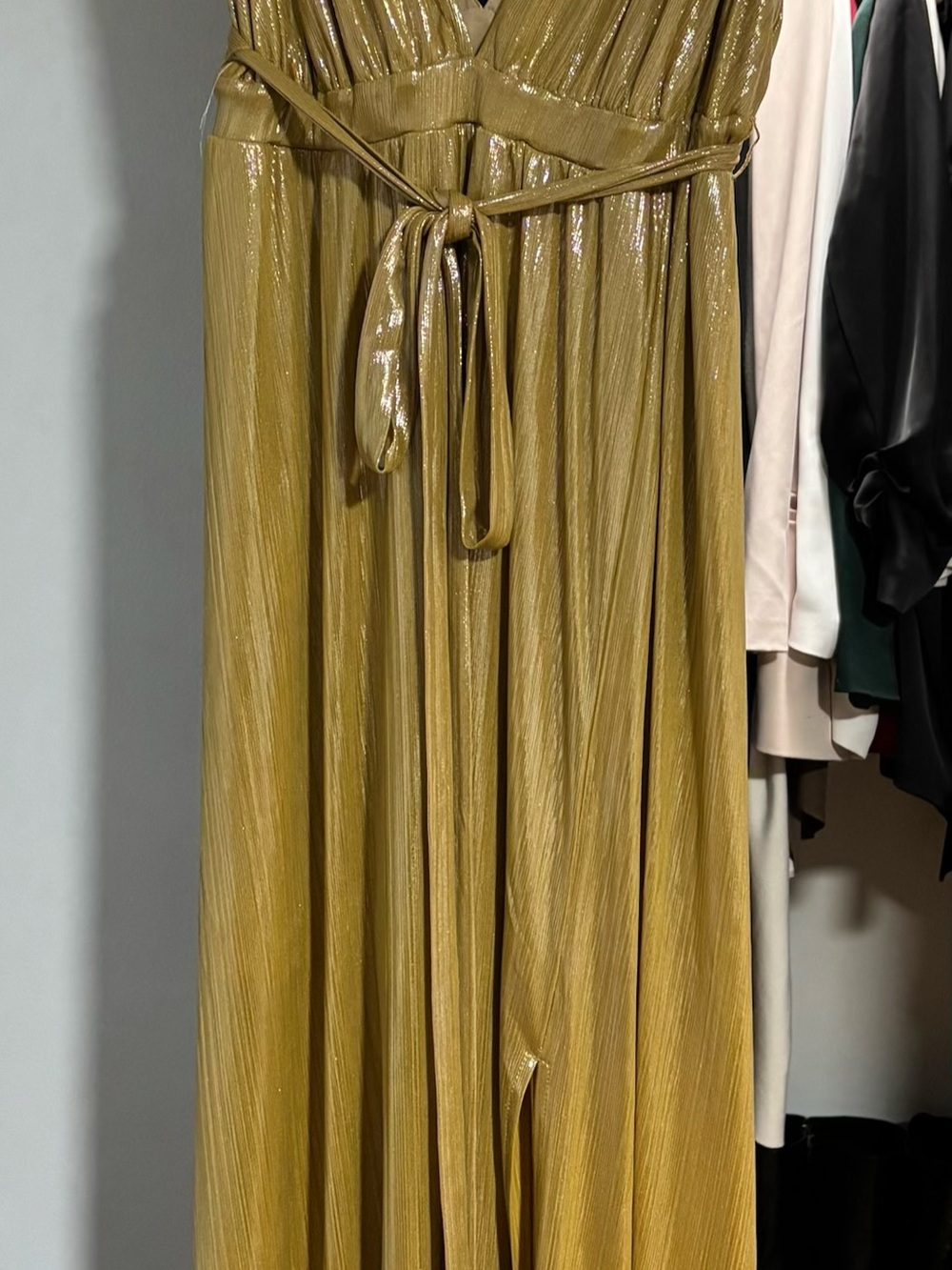 Sincerely Jules Metallic Gold Pleated Maxi Dress with Waist Tie